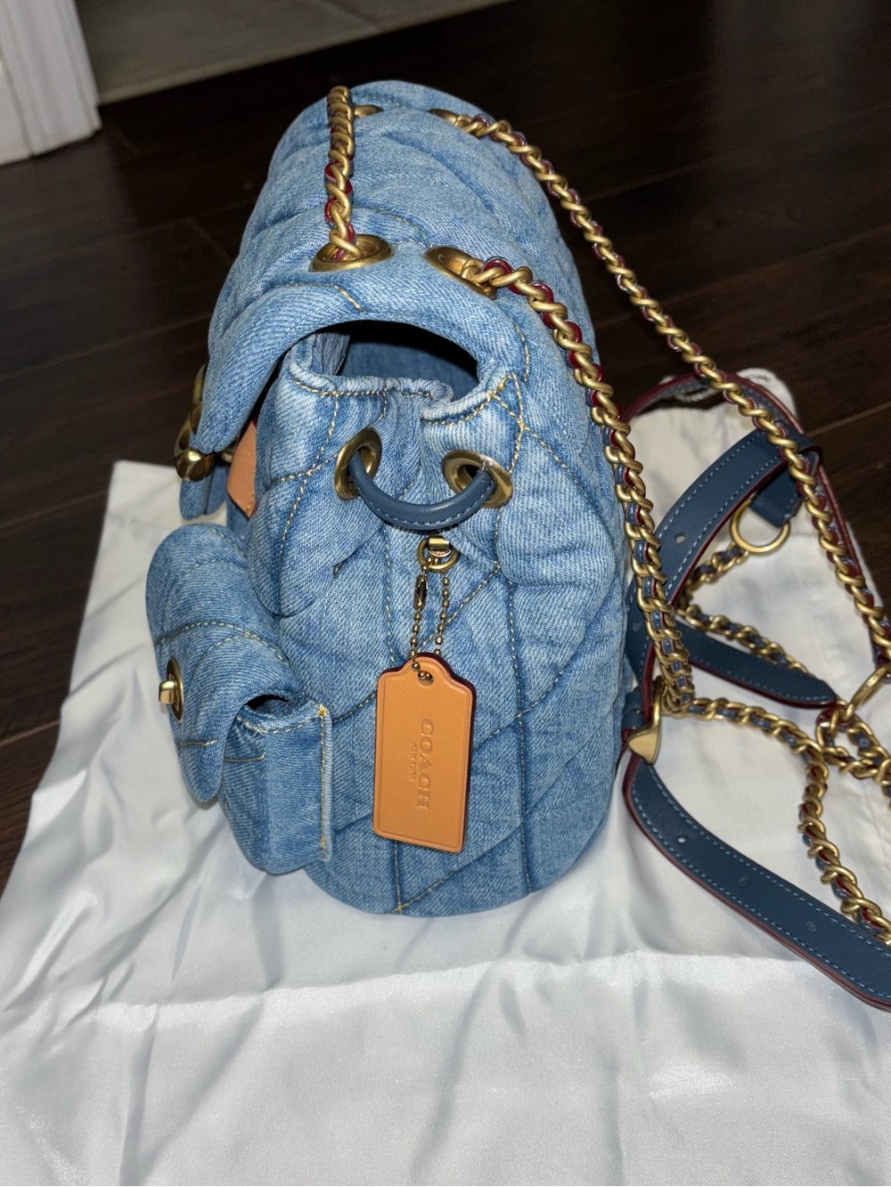 Coach Tabby Quilted Light Blue Denim Backpack with Gold Hardware - Picture 2 of 4